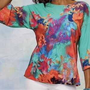 Soft Surroundings Top Tunic Women’s Large Abstract Teal Multicolor 3/4 Sleeve